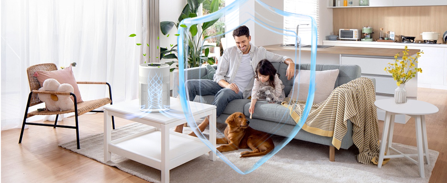 Розумний очищувач повітря WiFi з керуванням через додаток та голосовими помічниками Alexa/Google - 360° повітряний потік, фільтр HEPA H13 (99,97%), нічний режим 20 dB, CADR 90 м³/год, кольорове підсвічування для спальні (KJ1-6)