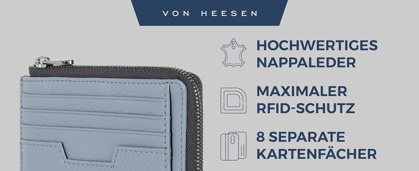 Шкіряний RFID картхолдер VON HEESEN з наппа-шкіри для чоловіків та жінок, 9 відділень, горизонтальний (Світло-блакитний)