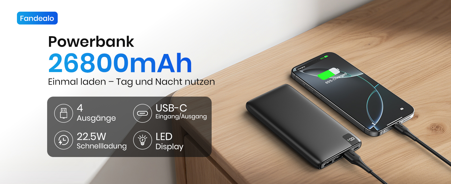 Powerbank 26800mAh з LED дисплеєм: швидка зарядка 22.5W, USB-C вхід/вихід, для смартфонів та планшетів