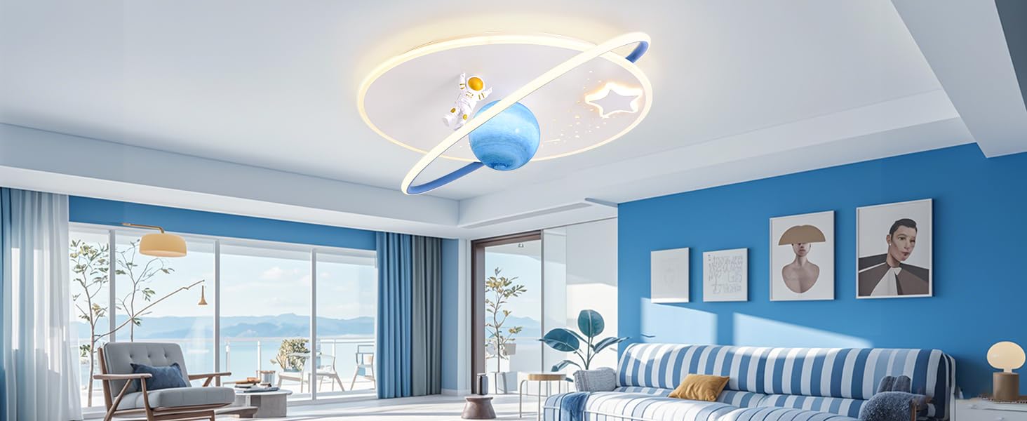 Дитяча стельова LED-лампа RRBEST Місяць та астронавт, диммована з пультом, біло-синя, для хлопчиків і дівчаток, 50 см, сучасний дизайн, декор для дитячої кімнати