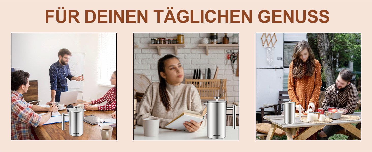 Френч-прес 1000 мл / 8 чашок, кавоварка з нержавіючої сталі, подвійні стінки, ізольована, з фільтром - 1 літр