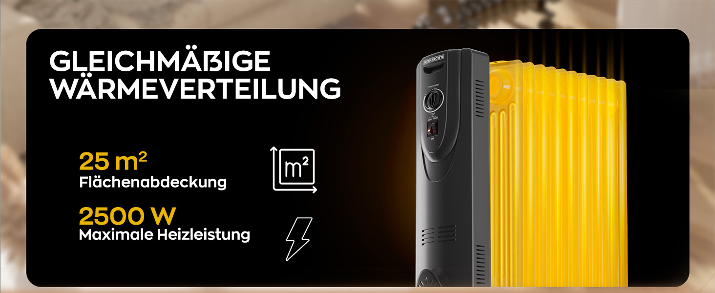 Електричний масляний радіатор Heinrich з 13 ребрами, 2500W, з вентилятором, терморегулятором, захистом від перегріву та нахилу, чорний