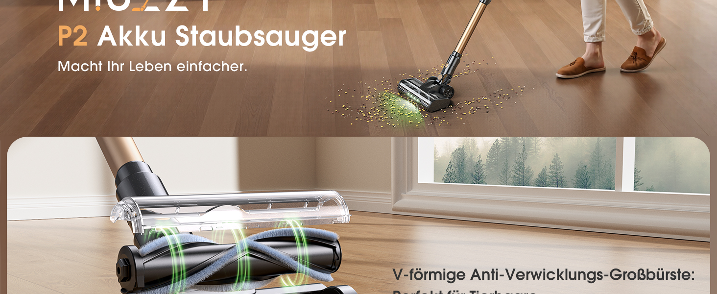 Бездротовий пилосос P2 Akku Sauger Stabstaubsauger: потужний, для тварин, килимів, твердих підлог, з антизаплутувальною щіткою та зеленим підсвічуванням