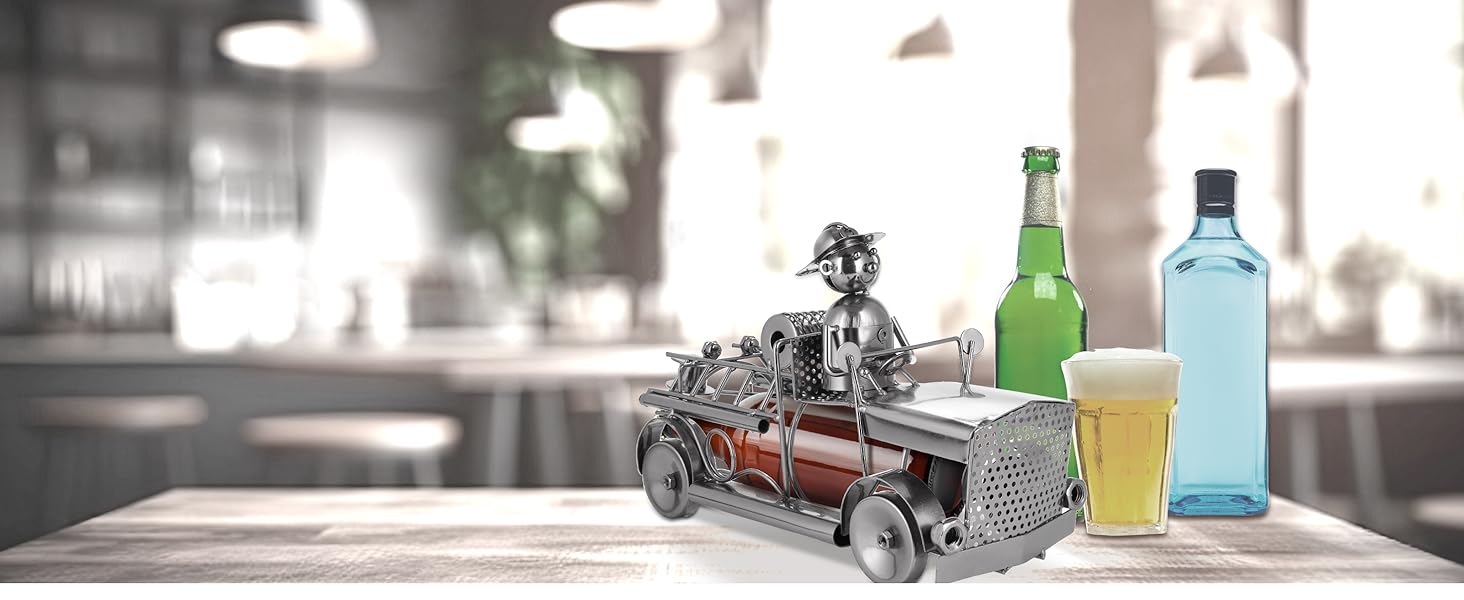 BRUBAKER Wine Bottle Holder Fire Department - Fire Truck Metal Sculpture Bottle Stand - 32 cm Metal Figure Wine Gift for Firefighters - with Greeting Card