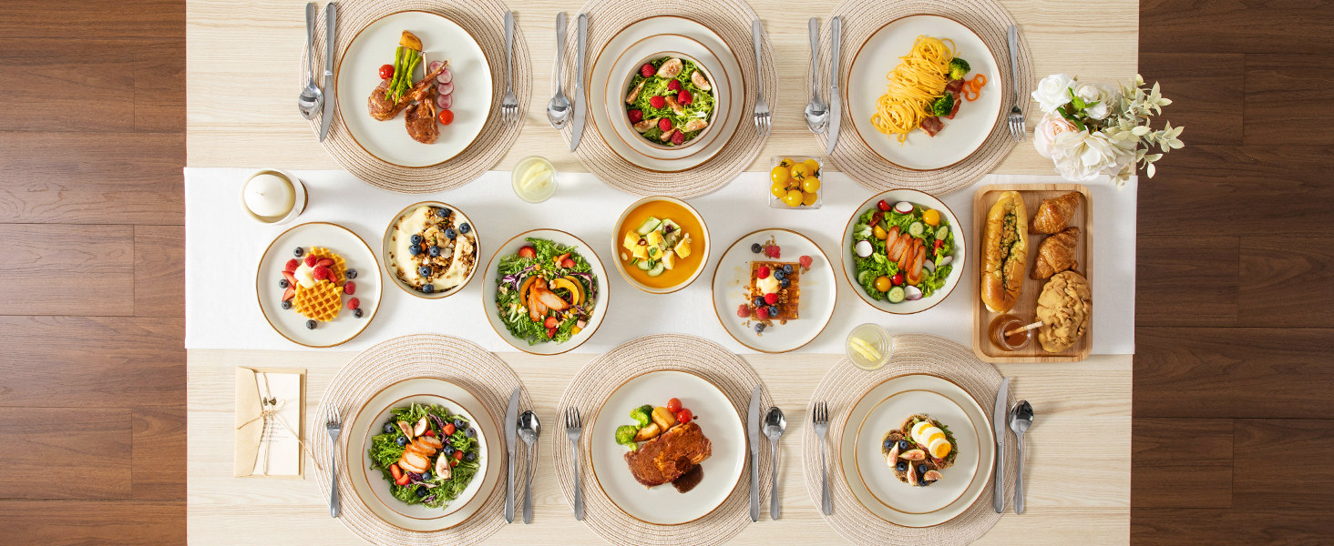 Набір посуду на 6 осіб Vancasso RENO 24 шт. з каменю, сучасний сервіз: тарілки для їжі, супу, десерту, миски. Підходить для миття в посудомийній машині та для використання в мікрохвильовій печі (Бежевий)