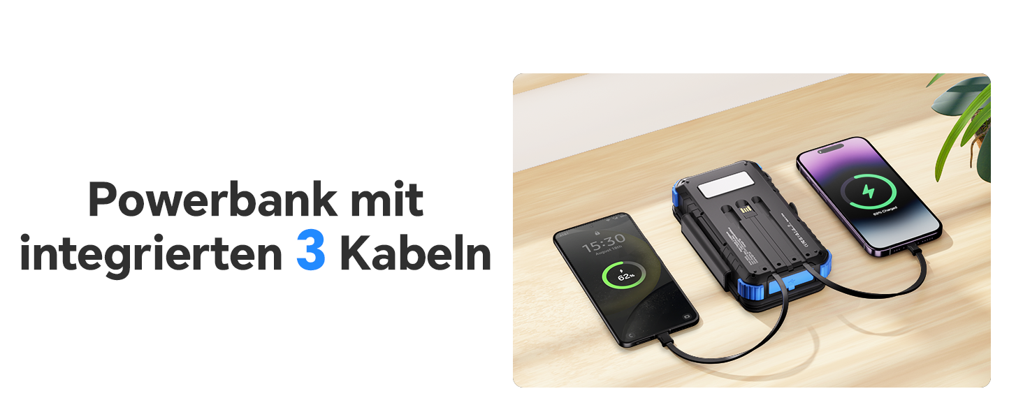 Powerbank Solar 26800mAh з USB-C, 5 виходів, водонепроникний, з карабіном та ліхтариком, для кемпінгу, телефонів та планшетів (блакитний)