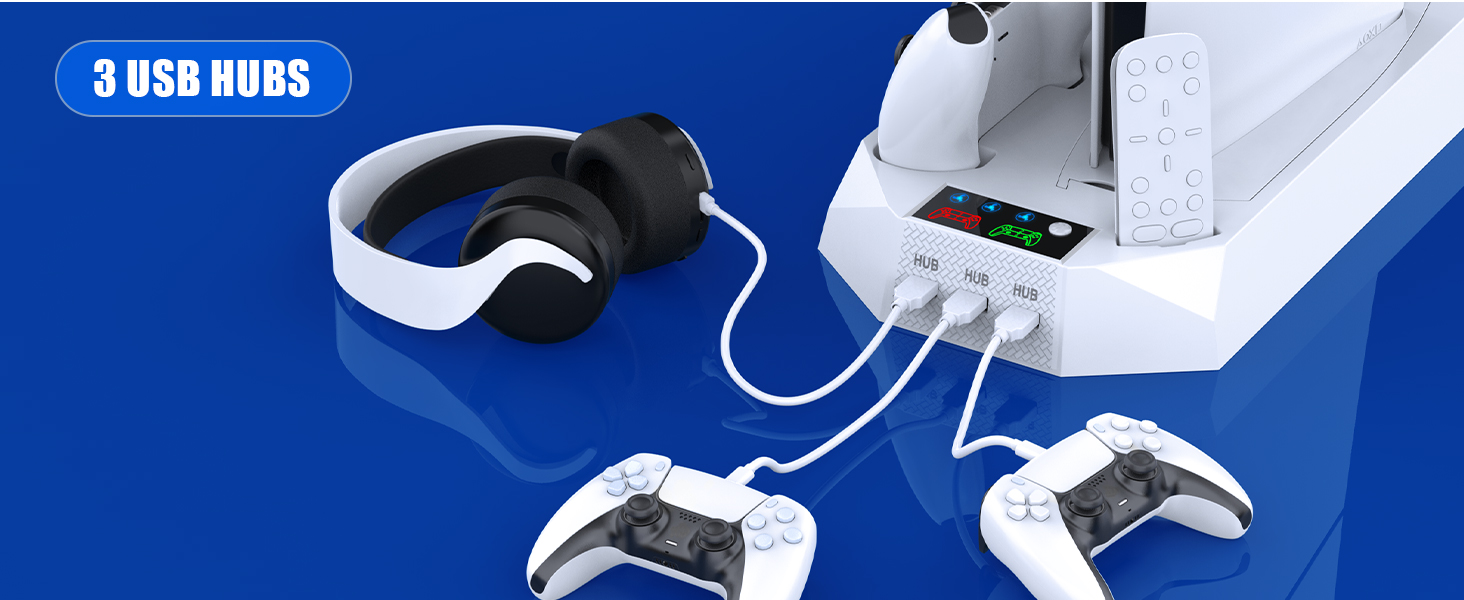 Підставка для PS5 Slim/Pro з зарядною станцією для контролера, RGB-підсвічуванням, вентилятором, тримачем для навушників та USB-хабом, чорно-біла (біла Q211)