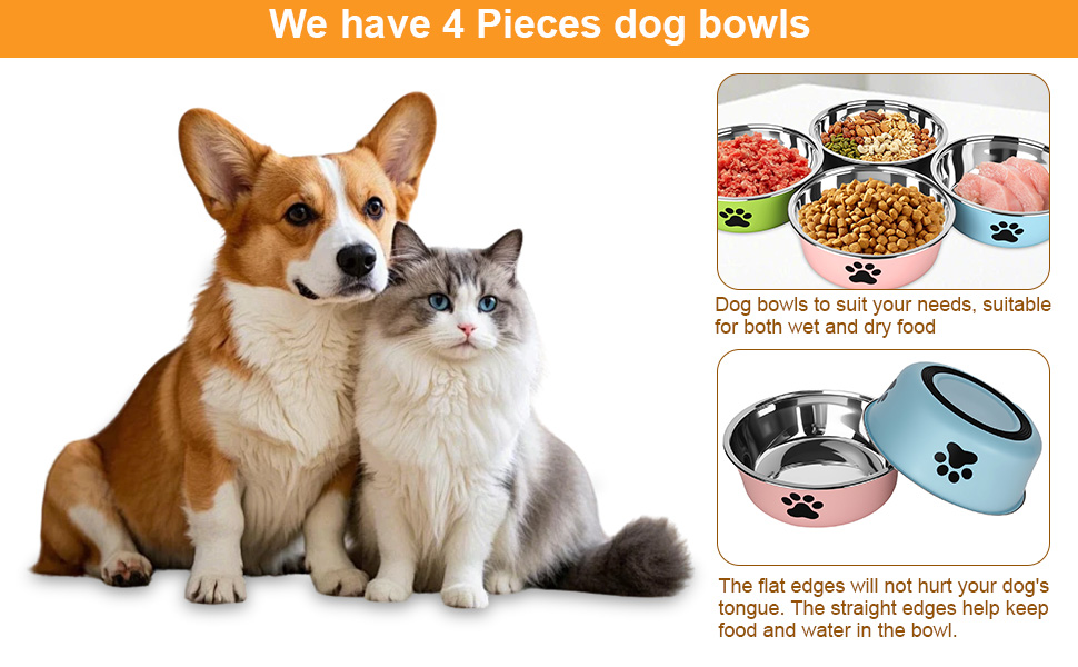 Набір з 4 мисок для собак з нержавіючої сталі з неслизьким силіконовим дном, 900 мл, для корму та води (зелений, сірий, блакитний, рожевий)