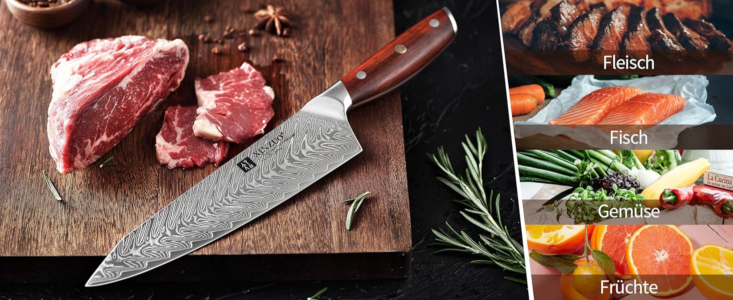 Ніж кухарський XINZUO Damaststahl Kiritsuke 21см, професійний, з ручкою з рожевого дерева, з магнітною підставкою