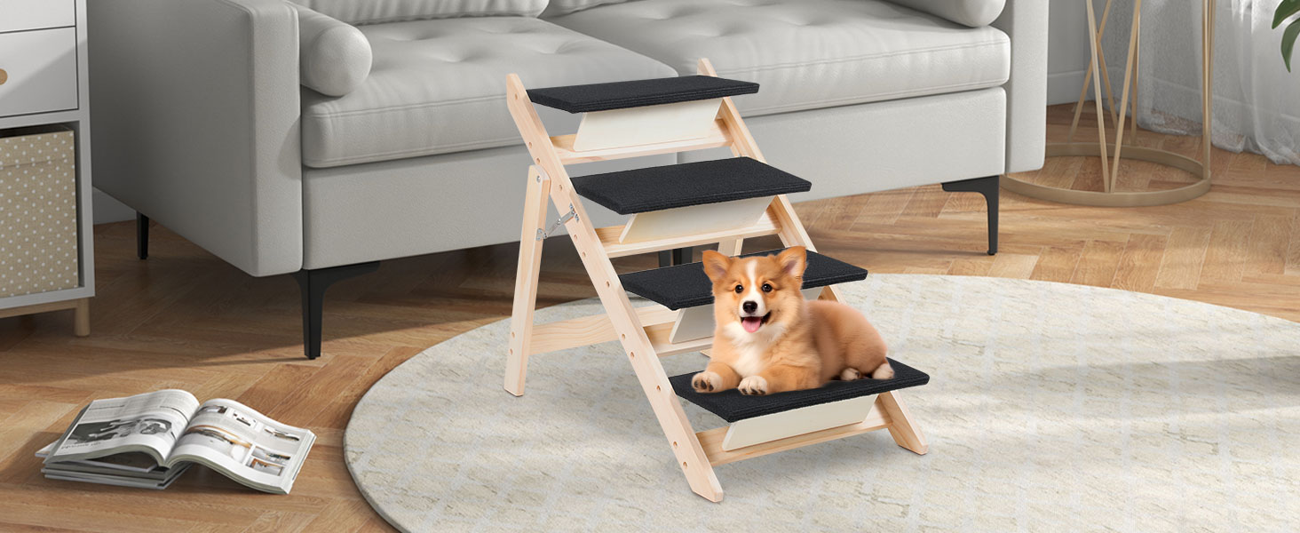 Сходинка для собак та котів 2-в-1, розкладна, 65.5 см, 4 сходинки, вантажопідйомність 80 кг, з антиковзним килимком