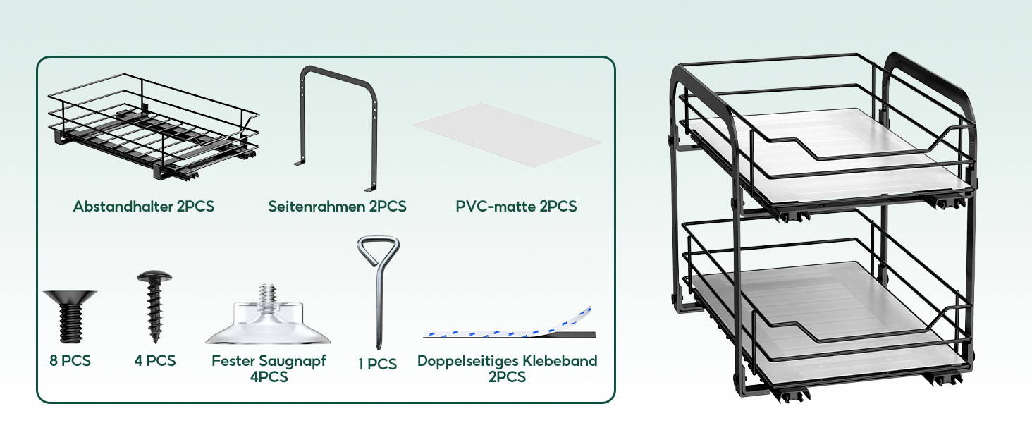 Висувна полиця для спецій на 2 яруси, регульована по висоті, органайзер для кухонної шафи, стояча полиця для спецій, висувна полиця для спецій з наклейками для кухні та робочої поверхні, L26*B23*H23cm (L26xB29xH23cm)