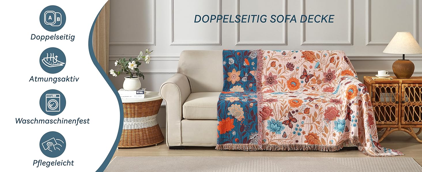 Богемна ковдра Boho з 100% бавовни, м'яка двостороння муслінова ковдра 150x200 см, плед для дивану та ліжка, декоративна patchwork ковдра, літня ковдра для вітальні, зелено-бежева (200 x 230 см, Blumentanz)