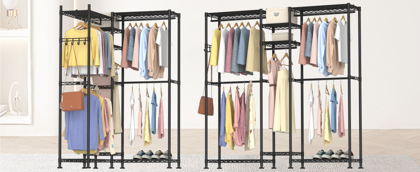 Clothes Rack, Clothes Rack, 4-Tier, Adjustable Closet Organizer System with Drawer | Double Rods | Side Hooks | Holds 445 lbs (L-shaped Clothes Rack for Corners)