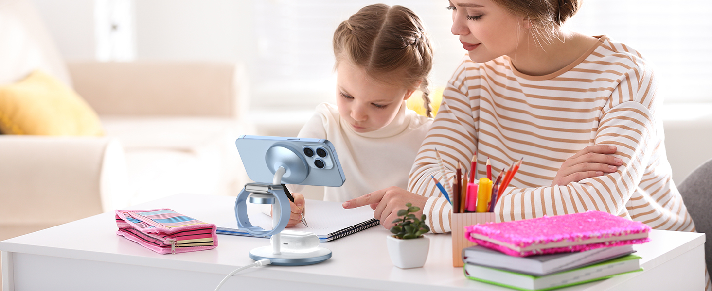 База для бездротової зарядки 3-в-1: iPhone, iWatch, AirPods, 15W, MagSafe, фіолетовий (світло-блакитний)