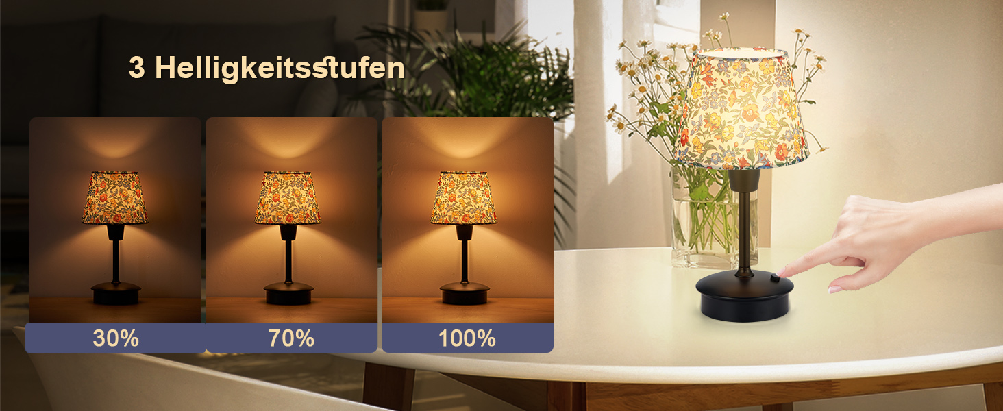 Акумуляторна настільна лампа: портативна, з регулюванням яскравості, для дому та саду. Тканинний абажур, античний метал, квітковий принт