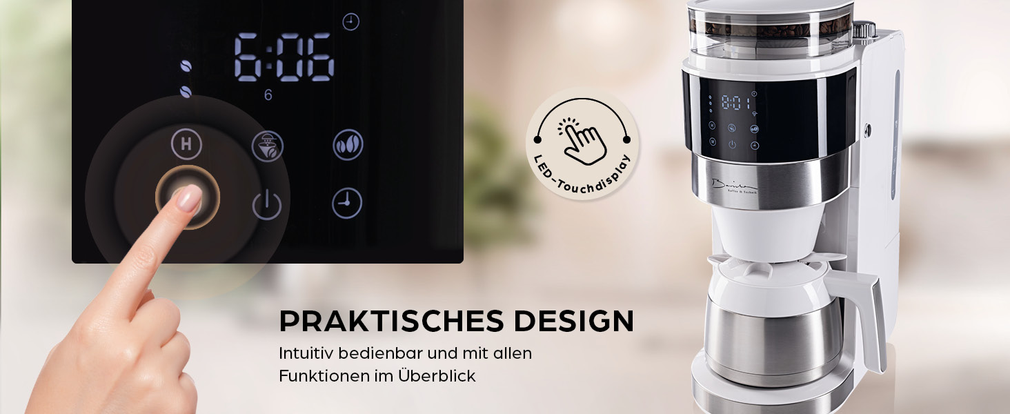 Кавомашина Barista Filterkaffeemaschine з регульованим млинком та термокружка | Функція підігріву, таймер 24 год та постійний фільтр | Для 10 чашок кави | Кавомашина для зерен та меленої кави [Нержавіюча сталь] (9) Weiß (Pro Design) - Термокружка - з млинком