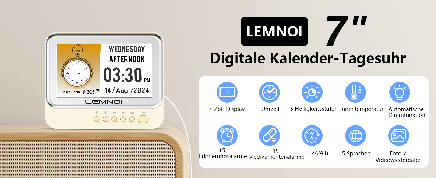 Lemnoi 7-дюймовий цифровий календар-годинник для літніх людей з датою, днем тижня, температурою, 15 будильниками та нагадуванням про ліки, білий, настінний годинник для людей з деменцією