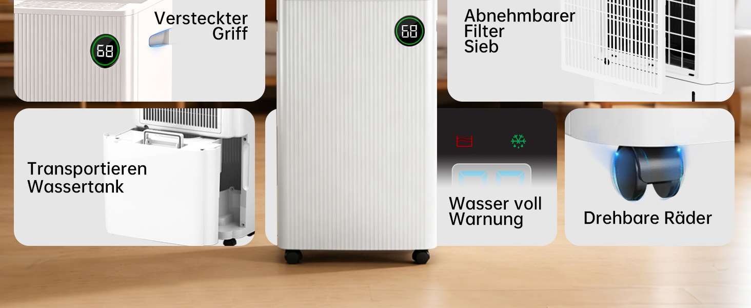 Електричний осушувач повітря 20L для підвалу та кімнат, тиха робота 39dB, таймер, шланг 1м, гарантія 10 років