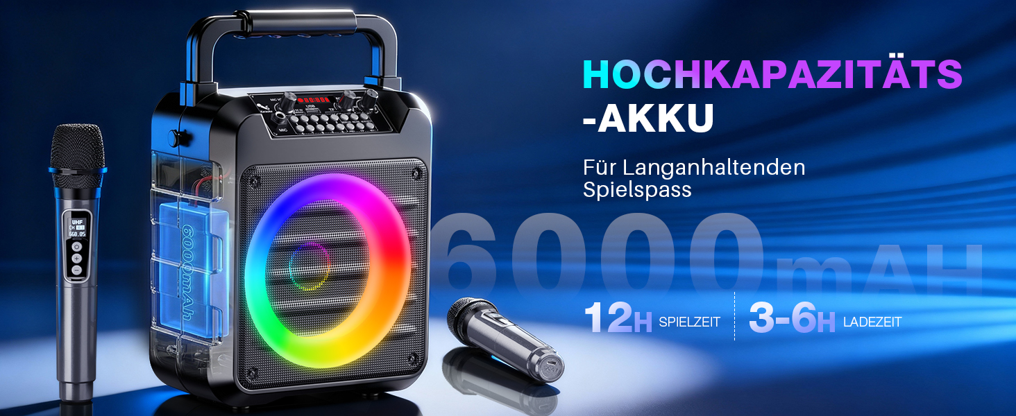 Портативна караоке-колонка Dislocati з 2 мікрофонами, 20W, LED-підсвітка, Bluetooth 5.3, AUX/USB, до 12 годин роботи - ідеальний подарунок для дітей та дорослих, чорний колір