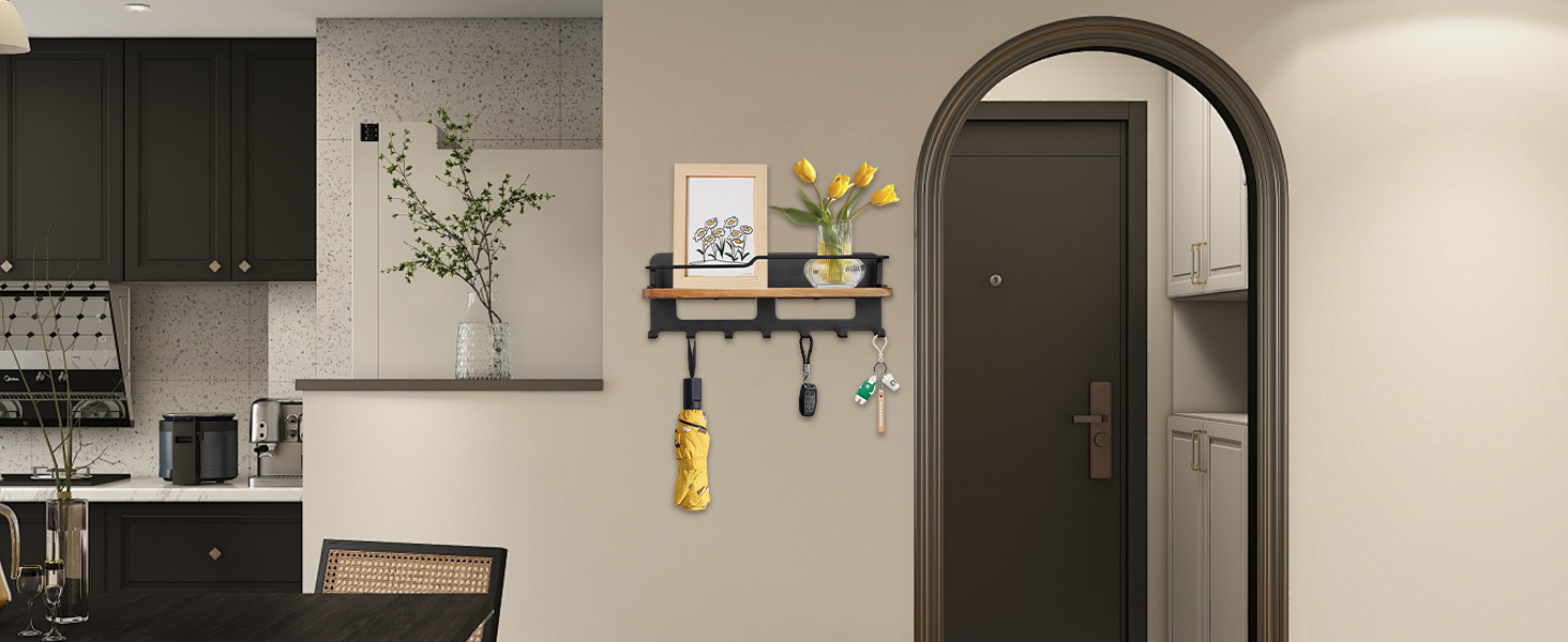 Дерев'яне ключове дошка JiangLin з полицею, декоративний тримач для ключів, настінна організація для ключів з 7 гачками, для входу, коридору, вітальні, чорний