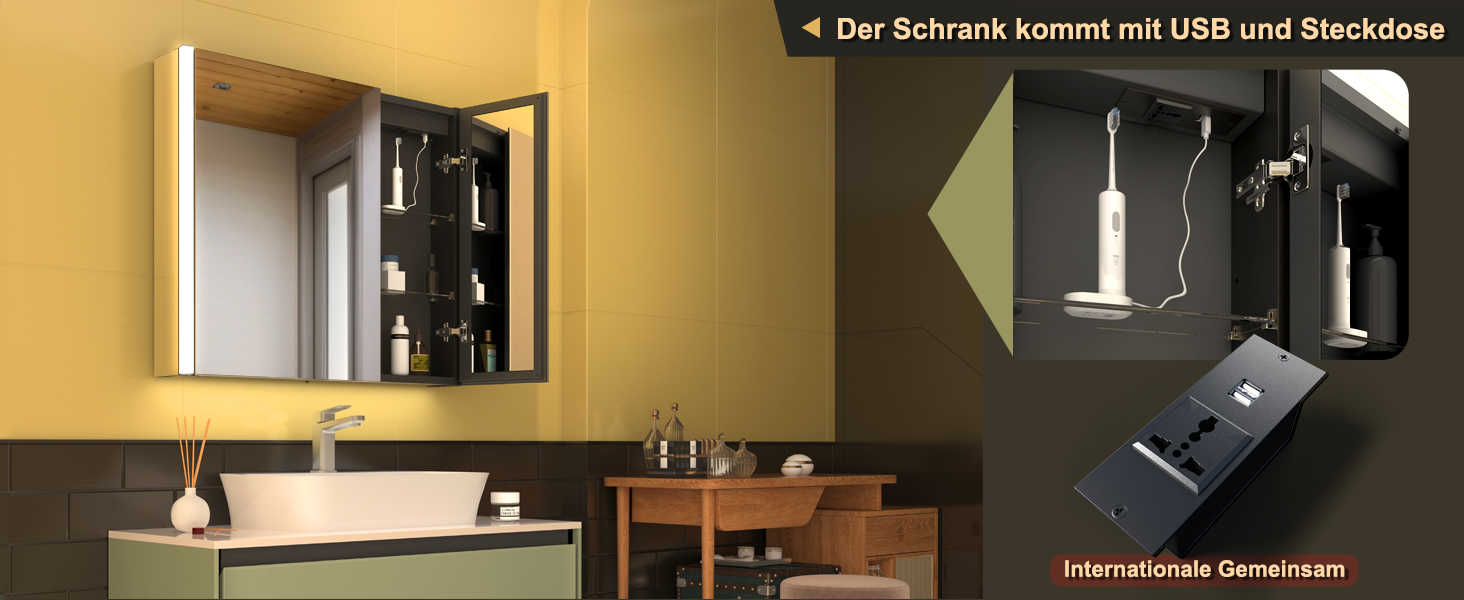 LED-дзеркало для ванної кімнати KWW з підсвічуванням, шафка-пенал, регулювання температури світла, антитуманне покриття, USB-роз'єми (2 дверцята, 80x70 см)