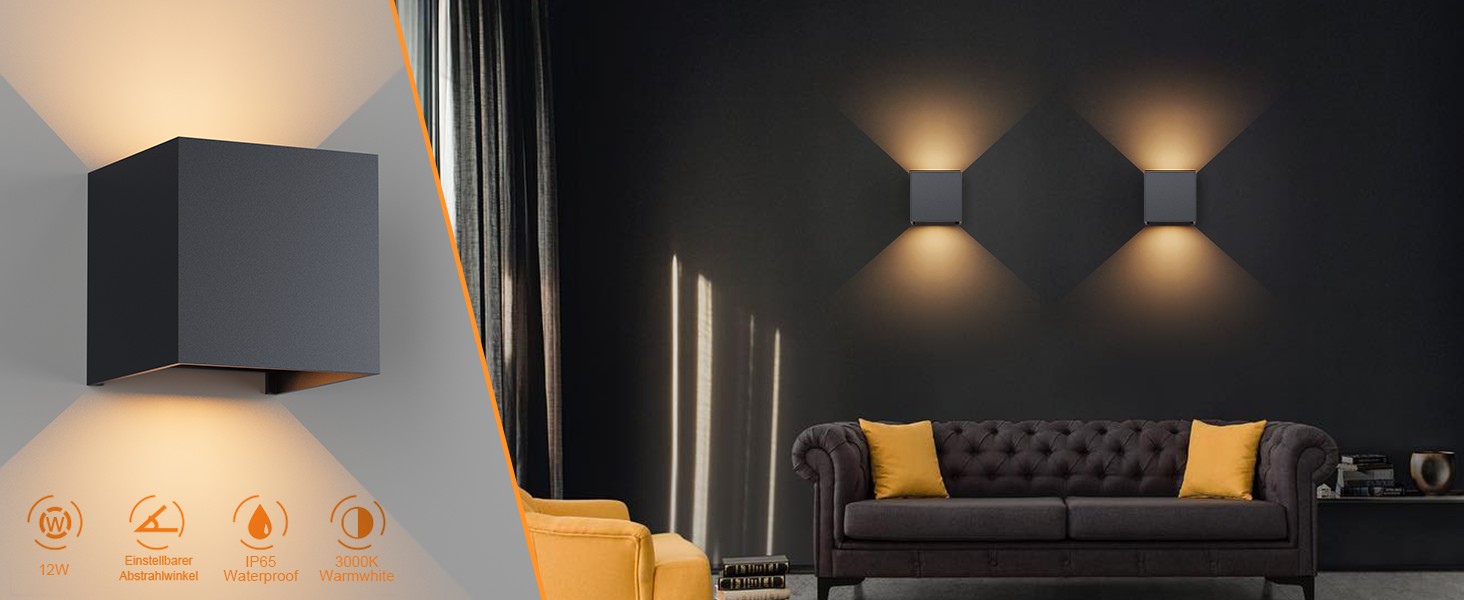 LED-стінні світильники Klighten 12W, 2 шт. з регульованим світловим променем, 3000K, IP65, для дому та вулиці, Антрацит
