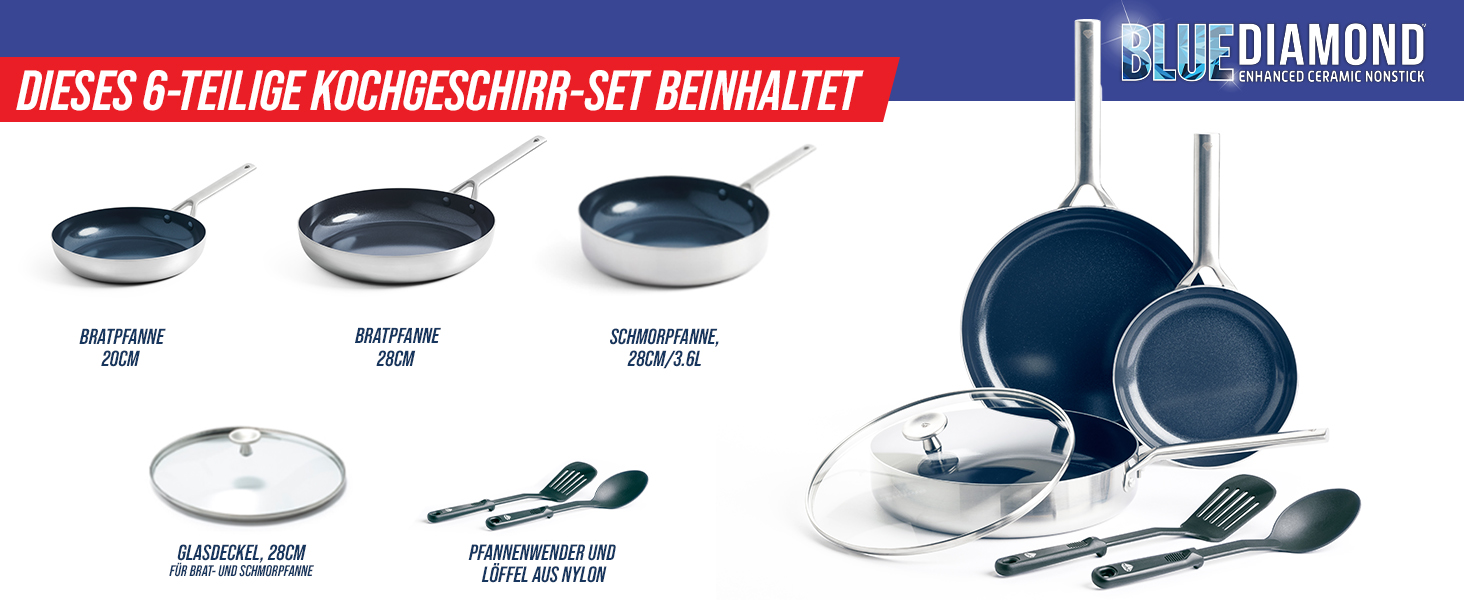 Набір посуду Blue Diamond Cookware 6-ти частинний: сковороди та каструлі з антипригарним покриттям, нержавіюча сталь, індукція, безпечний для здоров'я