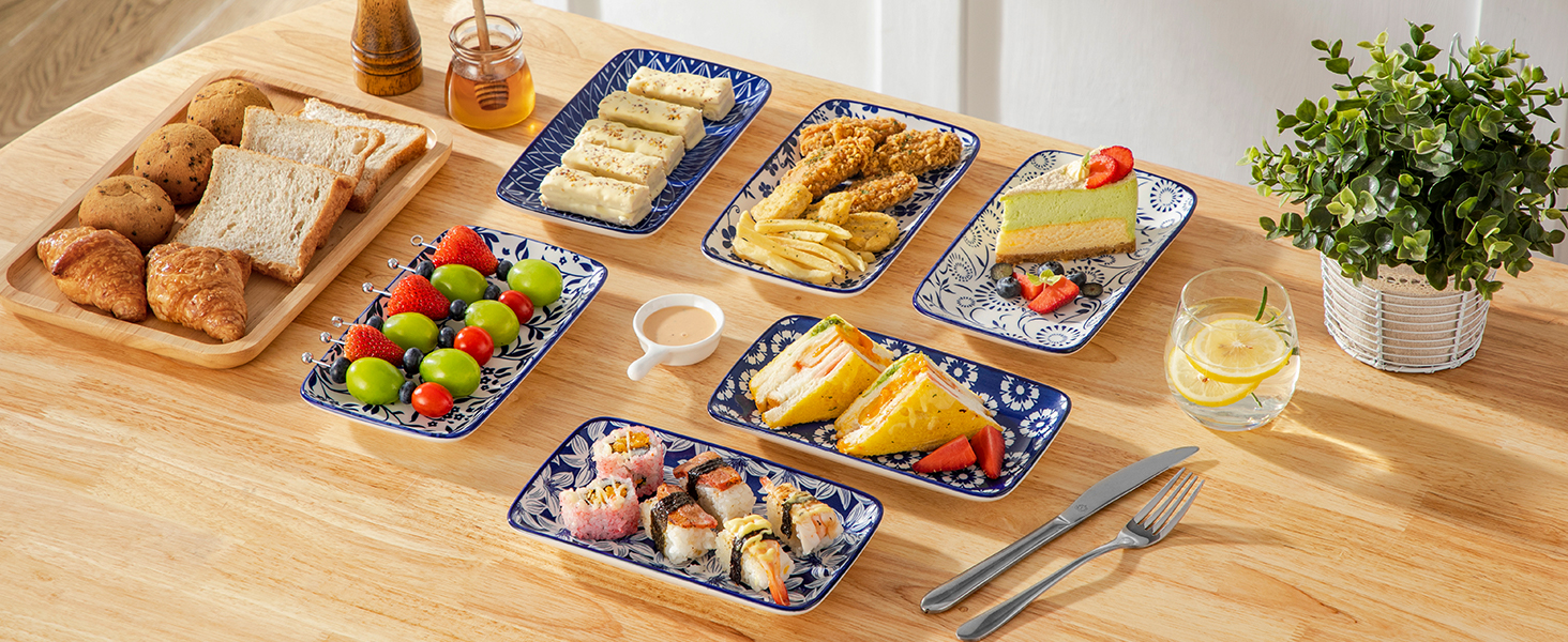 Набір сервірувальних тарілок Vancasso Selene (6 шт.) - великі, прямокутні, порцелянові, для свят, сніданків, фуршетів, сирної тарілки, мікрохвильова піч та посудомийна машина, блакитно-білий колір