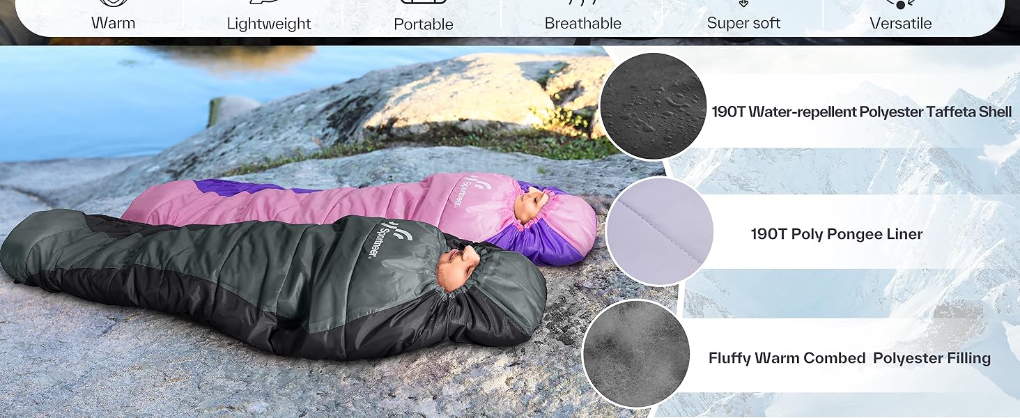 Сплячий мішок Sportneer - компактний та ультралегкий (950г/1500г) - кокон для кемпінгу та подорожей. 3-4 сезонний спальний мішок для чоловіків, жінок та дорослих. Чорний колір.