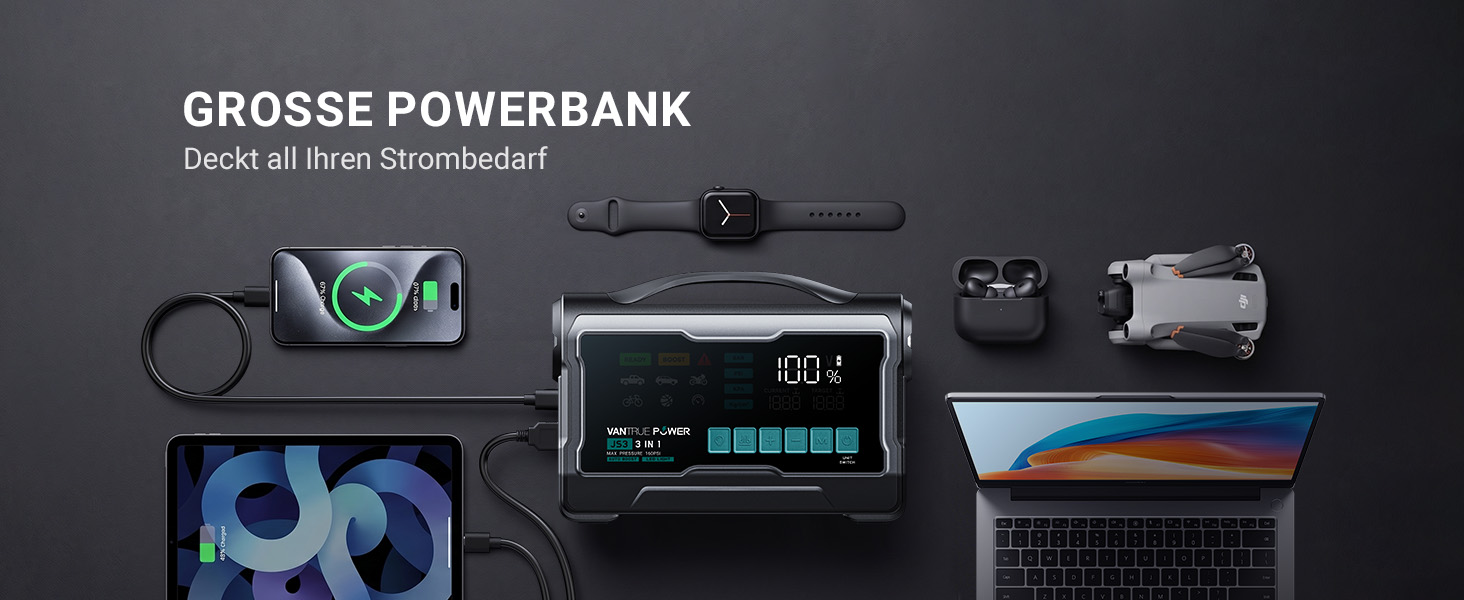 Пусковий пристрій (бустер) VANTRUE POWER JS3 для авто з компресором 160 PSI та функцією Powerbank, чорно-сріблястий