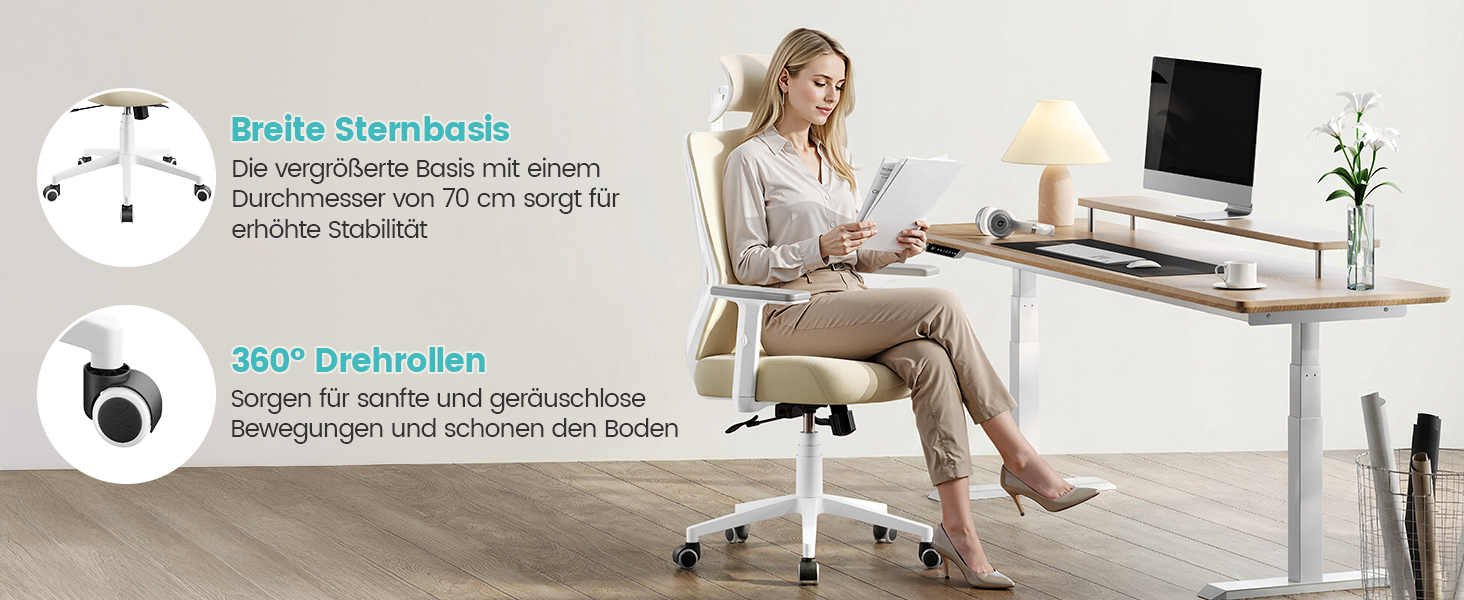 Офісне крісло Yaheetech ергономічне з регульованою підголівником, підлокітниками та поперековою підтримкою, поворотне, з функцією відкидання спинки до 130°, регульована висота (Бежевий)