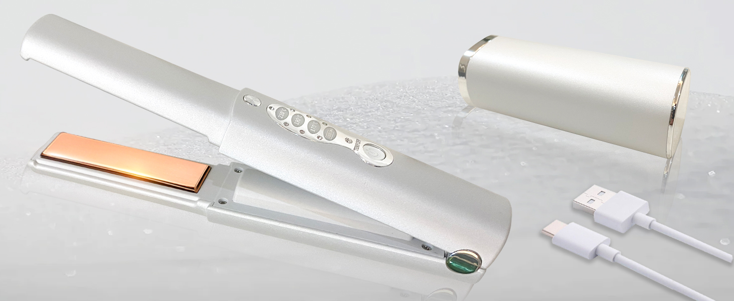 Бездротовий випрямляч для волосся з акумулятором 5000mAh, титанове покриття, 2 в 1 (випрямляч та локони), міні, для подорожей, 3 температурні режими, швидкий нагрів, для всіх типів волосся (білий)