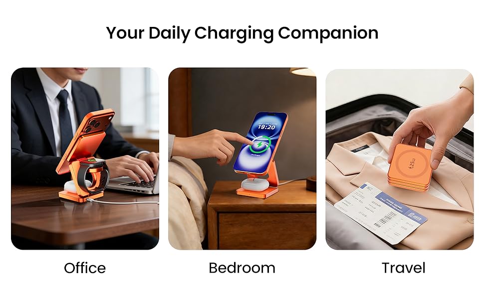 MagSafe зарядна станція 3-в-1: бездротовий зарядний пристрій 25W для iPhone 12-17, Apple Watch, AirPods (Qi, складна, помаранчева)