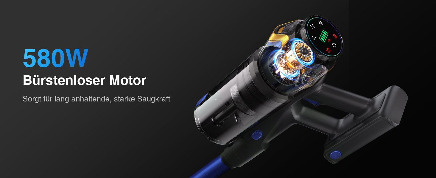 Бездротовий акумуляторний пилосос 45000 Па/550 Вт/65 хв, об'єм 1,6 л з дисплеєм, антизаплутувальною насадкою, самостійне стояння, док-станція на стіні, 8-шарова фільтрація, тиха робота, для шерсті тварин/килимів/твердих підлог/автомобіля, блакитний