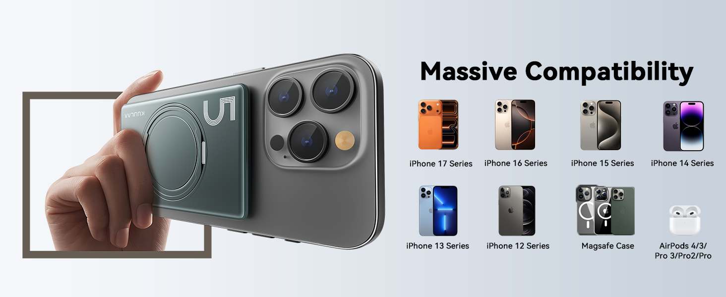 Power Bank Kuulaa MagSafe 5000mAh з бездротовою зарядкою та USB-C, для iPhone 17/16/15/14/13/12, сірий колір