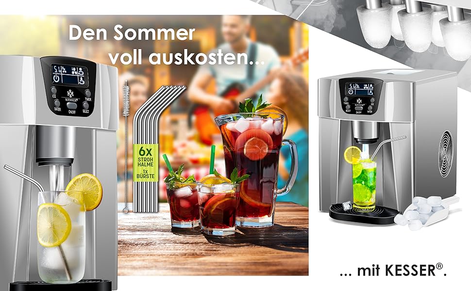 Машина для приготування льоду KESSER® з нержавіючої сталі, 100W, 12 кг/24 год, 2 розміри кубиків, 2 л бак, таймер, LCD-дисплей, з аксесуарами (сріблястий)