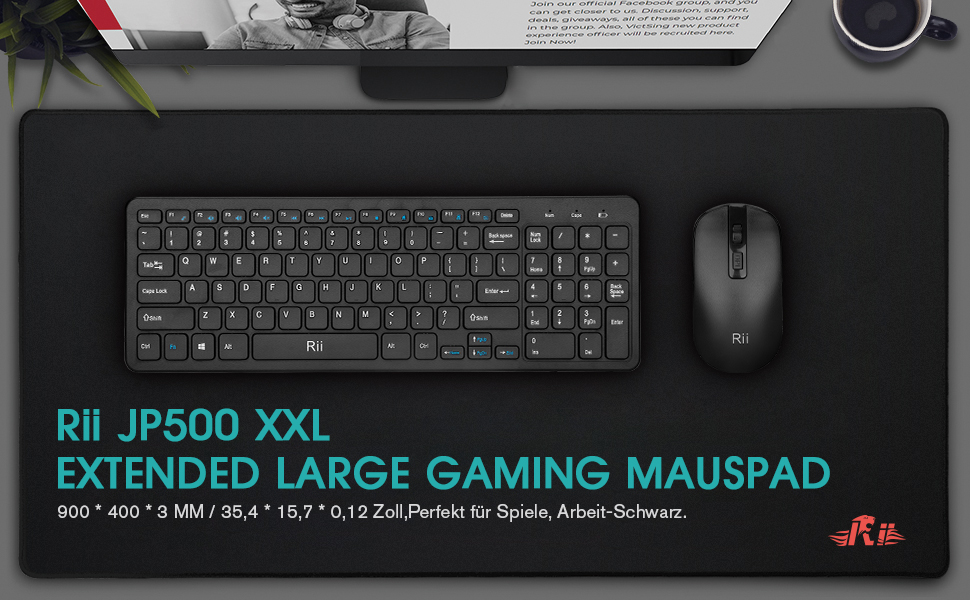Килимок для миші Rii XXL Gaming, 900x400 см, великий, для ігор та офісу, чорний