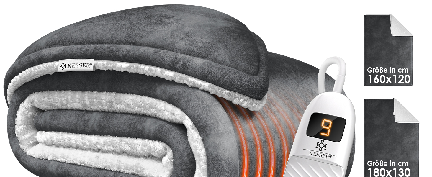 Електрична ковдра KESSER® з автовимкненням 200x180 см двостороння | Ковдра для ліжка, дивана | 9 температурних режимів | Пральна до 40°C | з таймером, цифровим дисплеєм, Бордовий колір