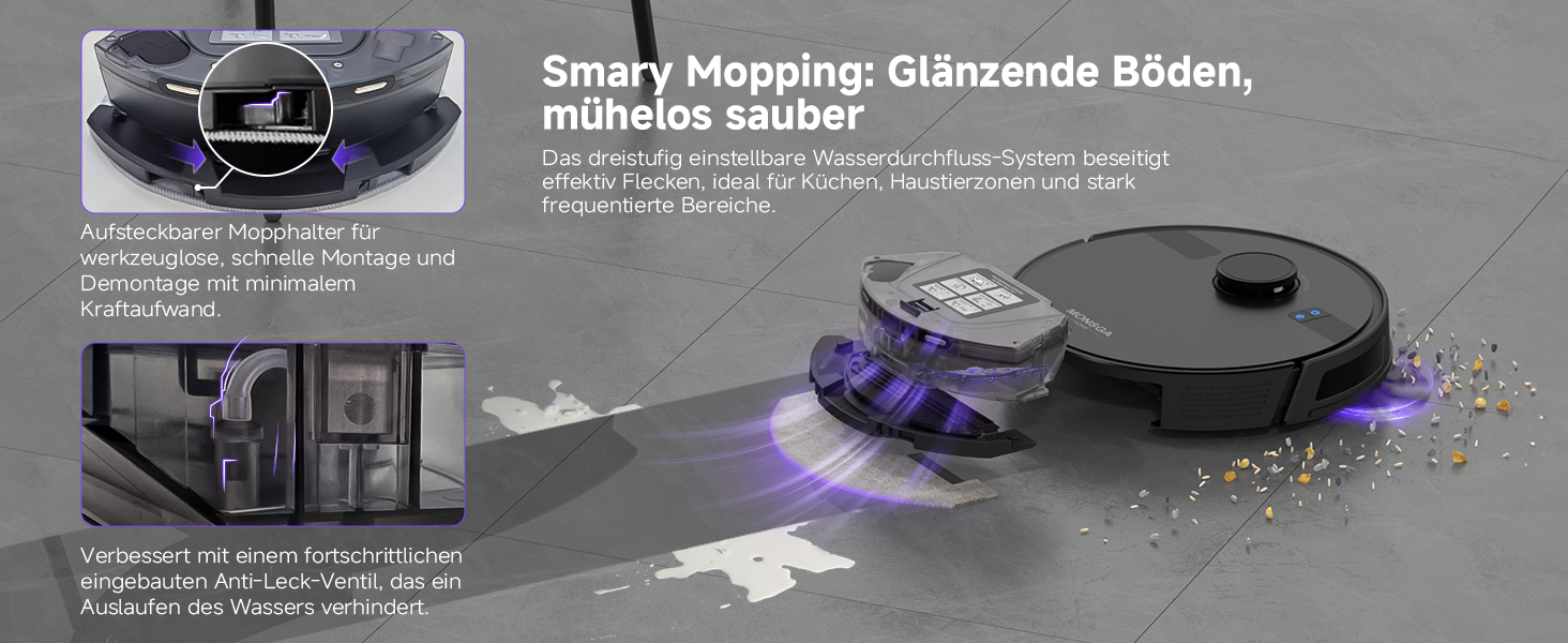 Робот-пилосос MONSGA з функцією миття, 3.5л, потужність 5000Pa, час роботи 180хв, LiDAR навігація, керування через додаток, чорний