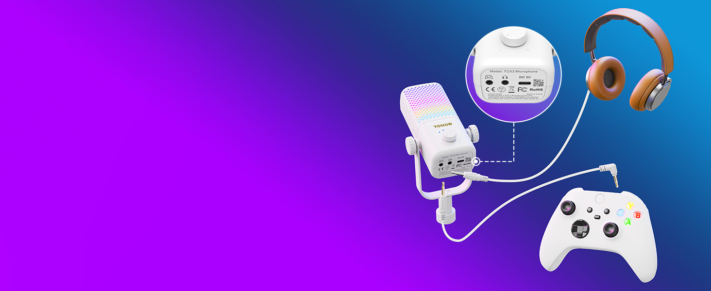 TONOR TCX3 Мікрофон для геймінгу з RGB підсвічуванням, конденсаторний, з регулюванням гучності та моніторингом, 30 годин роботи від акумулятора, сумісний з Xbox, Capture картами, для стрімінгу та подкастингу