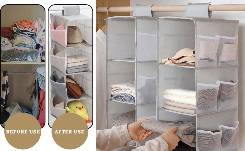 Настінна полиця-органайзер для шафи, сіра, 4 відділення, 12 кишень, 30x22.5x80 см