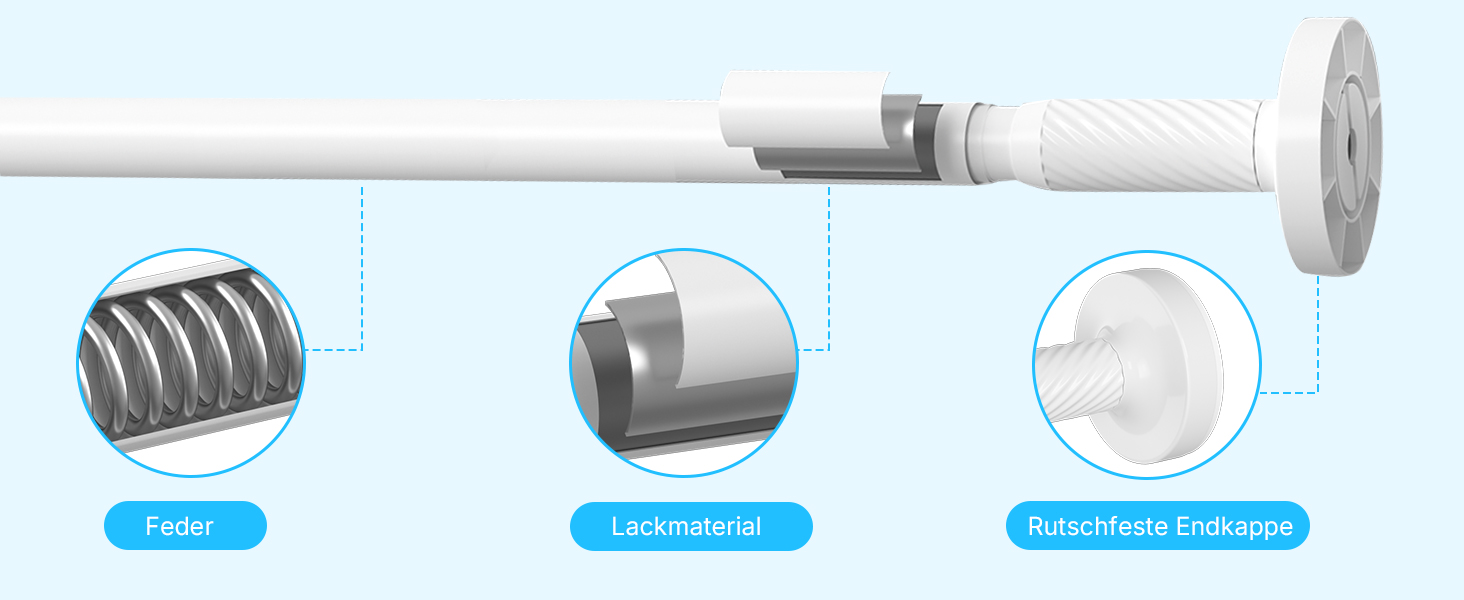 Штанга для карнизів без свердління, 100-230 см, регульована телескопічна штанга для душу, вікна та балкону (діаметр 25 мм, білий)