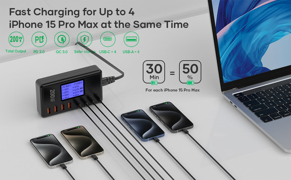 Зарядний пристрій GaN 200W, 8 портів: 4x USB-C PD 30W, 4x USB-A QC 18W - для iPhone 15/14/13 Pro Max, iPad, Samsung S24/S23. Швидка зарядка, адаптер живлення, чорний