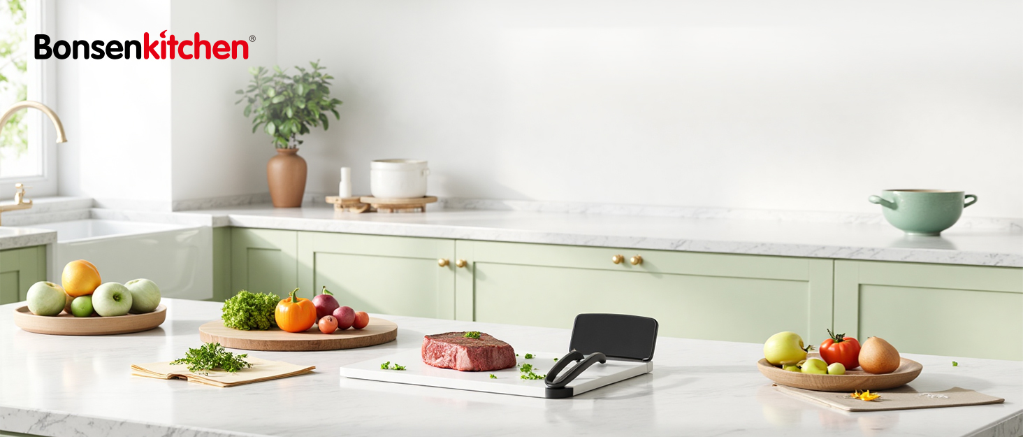 Вакуумний пакувальник Bonsenkitchen для сухих та вологих продуктів з вбудованим різаком, 1 рулон фольги, 50 професійних фольгованих пакетів чорного кольору