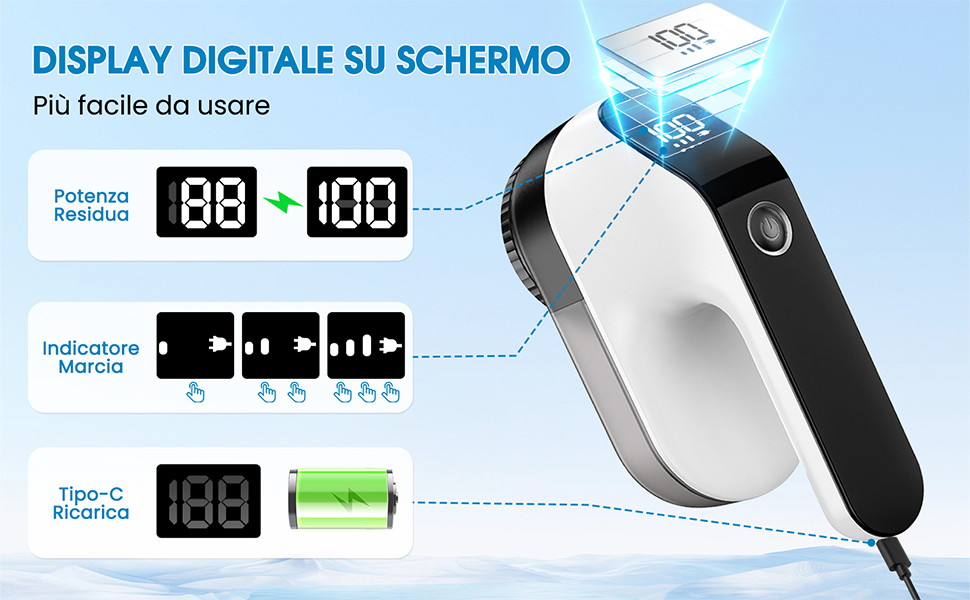 Електричний видалення ворсу Maxtachi - бездротовий зніматич ворсу для одягу з LED-дисплеєм, 6-клинковий ніж, для всіх тканин, чорний