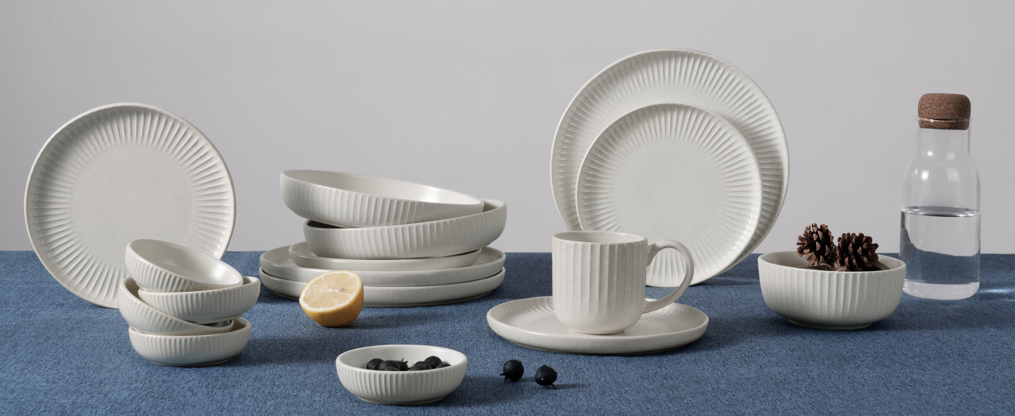 Набір посуду Starlight, 18 предметів: тарілки для 6 осіб, рельєфний, мікрохвильова піч та посудомийна машина, анти-подряпини, реактивна глазур, матовий бежево-білий