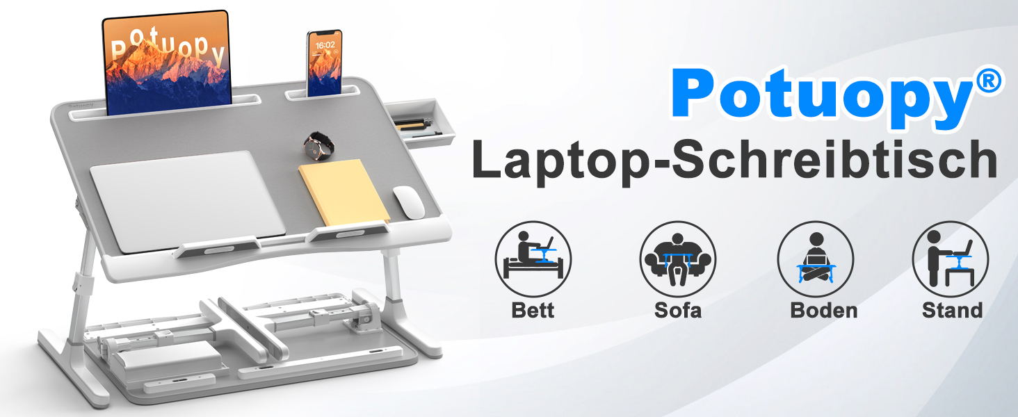 Столик для ноутбука Potuopy з регулюванням висоти та кута нахилу, великий (60*40 см), сірий