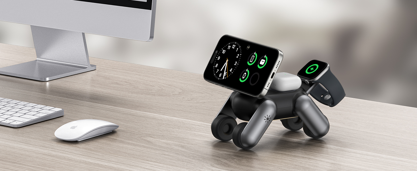 Зарядна станція 3-в-1 для Apple Watch, iPhone 17e/Air/17/16/15/14/13/12, AirPods Pro/2/3 з нічником, чорна. MagSafe сумісність.