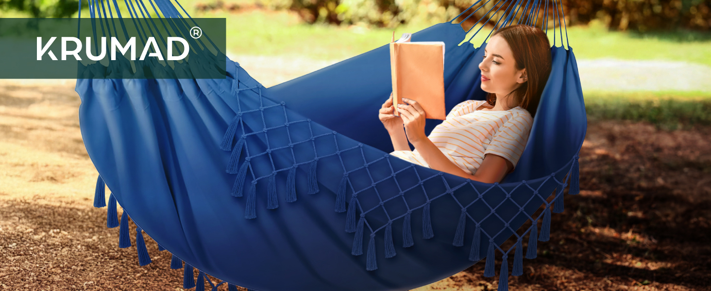 Гамак KRUMAD 260 см, до 250 кг, водостійкий, бавовна-поліестер, для саду, балкону, кемпінгу, з дерев'яними розпірками та сумкою (Синій, 150x200 см)