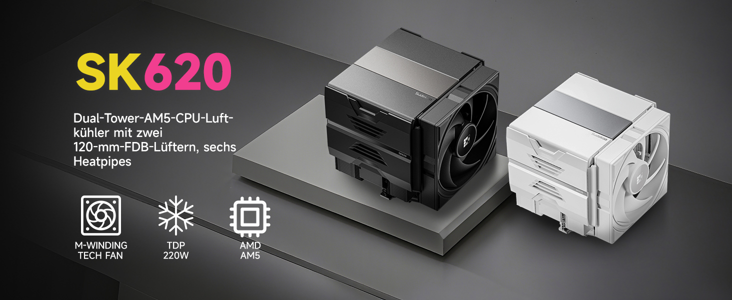 Кулер для процесора Sudokoo SK620 AM5: Двовежевий CPU кулер з цифровим дисплеєм, 6 теплотрубками та 2 вентиляторами PWM FDB 120мм, чорний